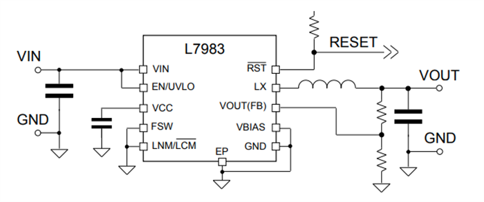 アプリケーション回路図 - STMicroelectronics L7983同期整流式ステップダウン・スイッチング・レギュレータ